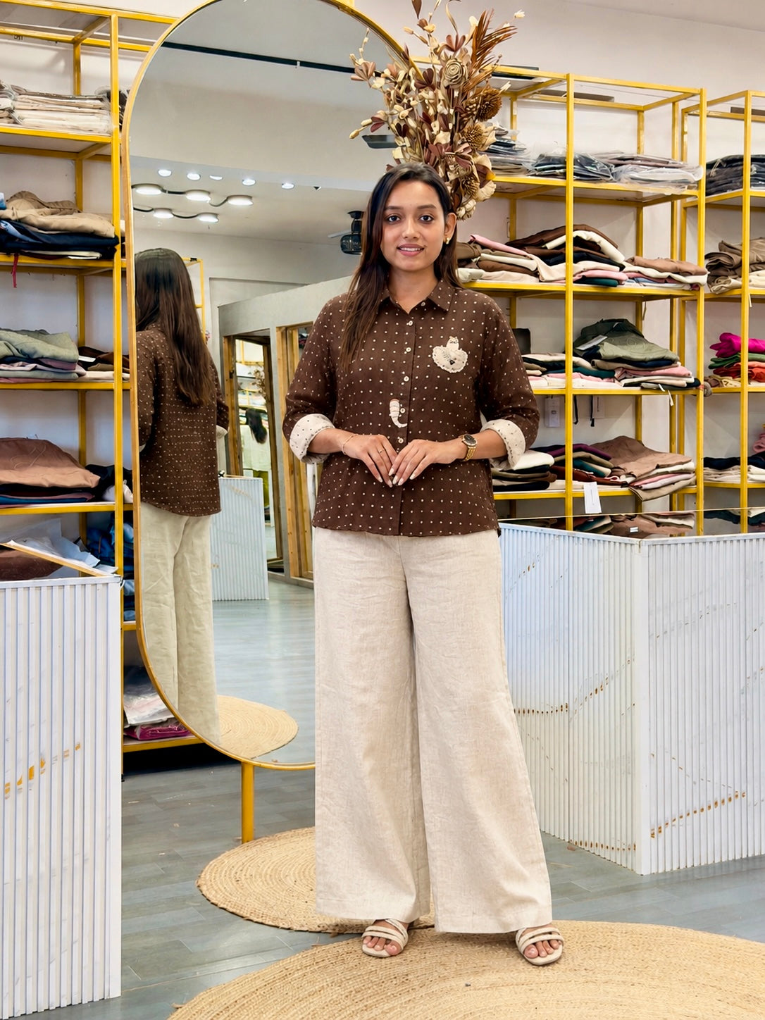 BROWN PRINT MUL COTTON SHIRT WITH LINEN STRAIGHT PANT SET