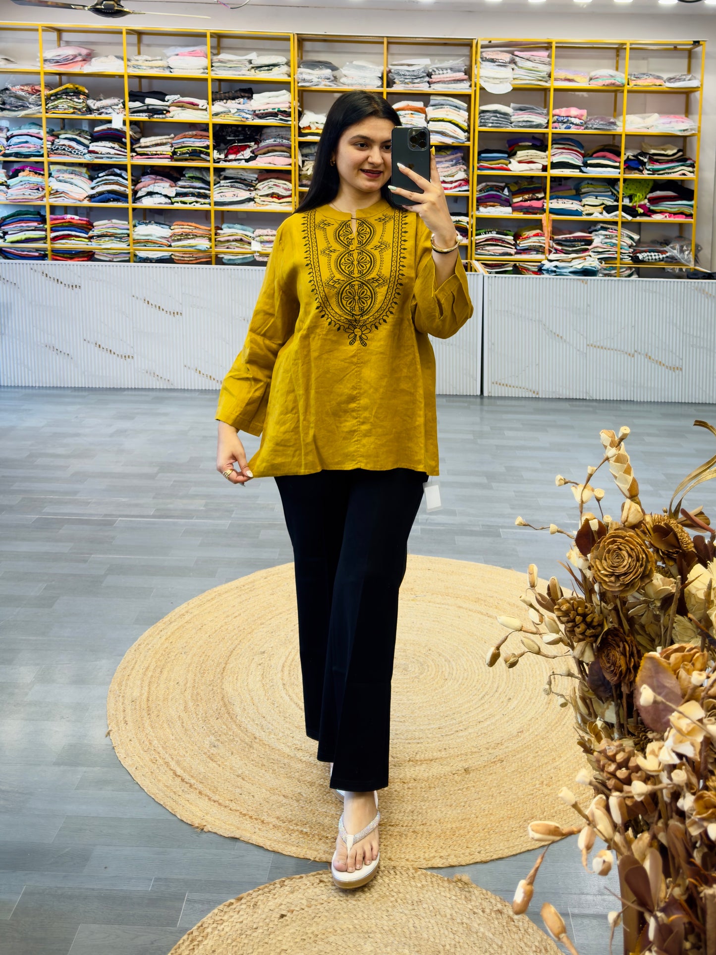 MASTARD LINEN EMBROIDERY TUNIC TOP  WITH BELL BOTTOM TROUSER PANT SET