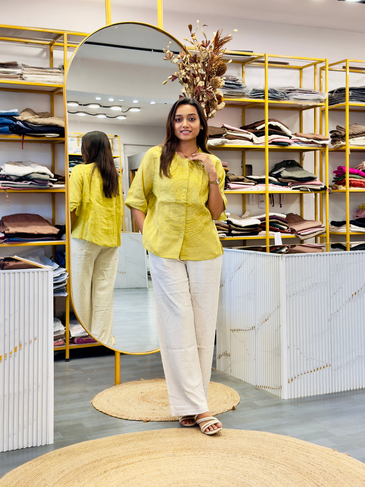 PISTA LINEN EMBROIDERY TOP WITH LINEN STRAIGHT PANT SET