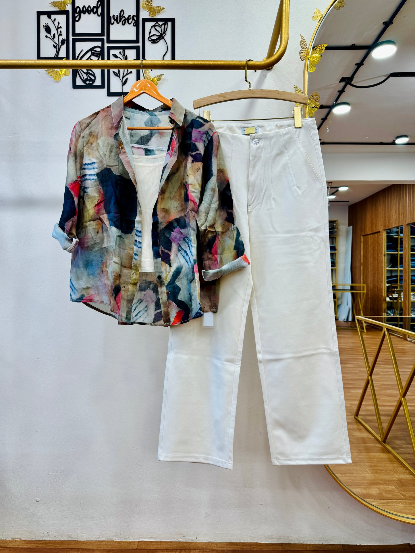 PRINTED LINEN SHIRT SPAGHETTI WITH STRAIGHT TROUSER PANT SET