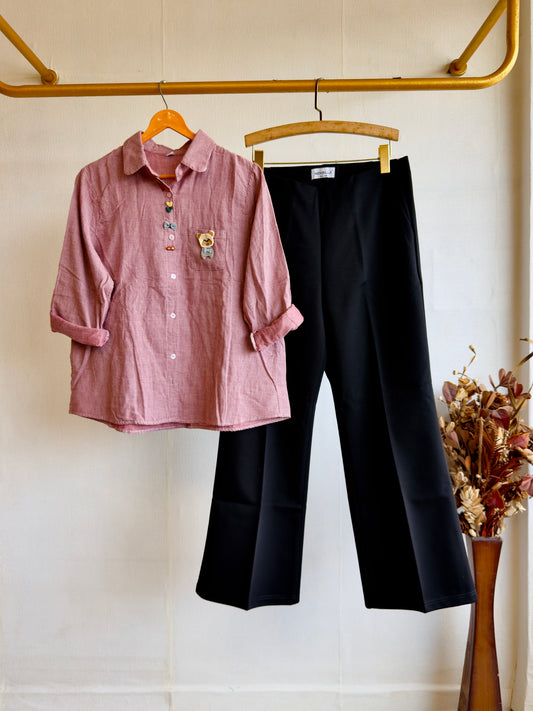 SMALL CHEX EMBROIDERY MUL COTTON SHIRT TOP WITH BELL BOTTOM PANT SET