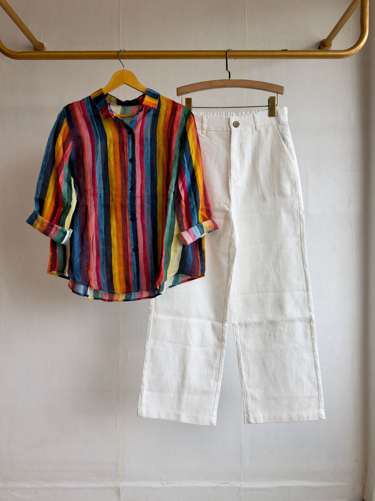 STRIPS LINEN PRINT SHIRT WITH LINEN STRAIGHT PANT SET