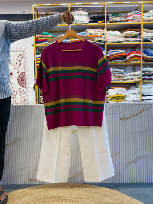 STRIPS SOFT KNITTING HALF SLEEVE TOP WITH BELL BOTTOM PANT SET
