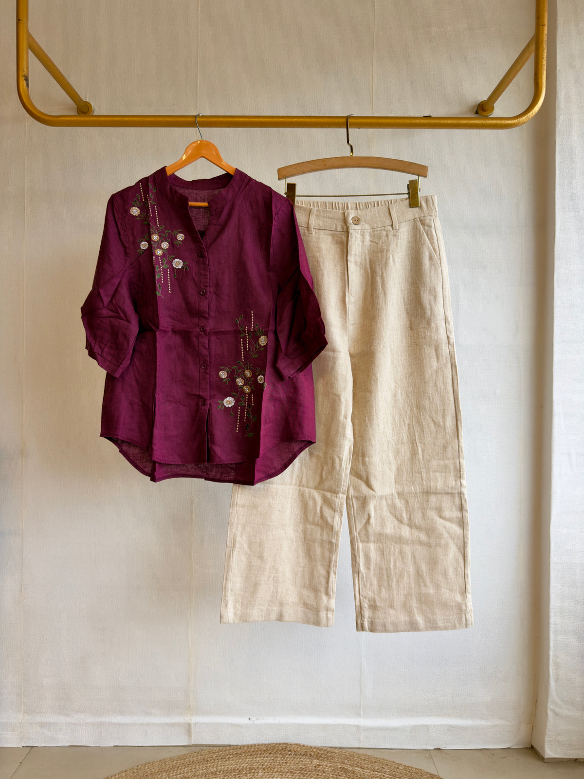 WINE LINEN EMBROIDERY TOP WITH LINEN STRAIGHT PANT SET
