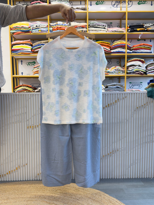 SOFT KNITTING FLOWER PRINT TOP  WITH LINEN PANT SET