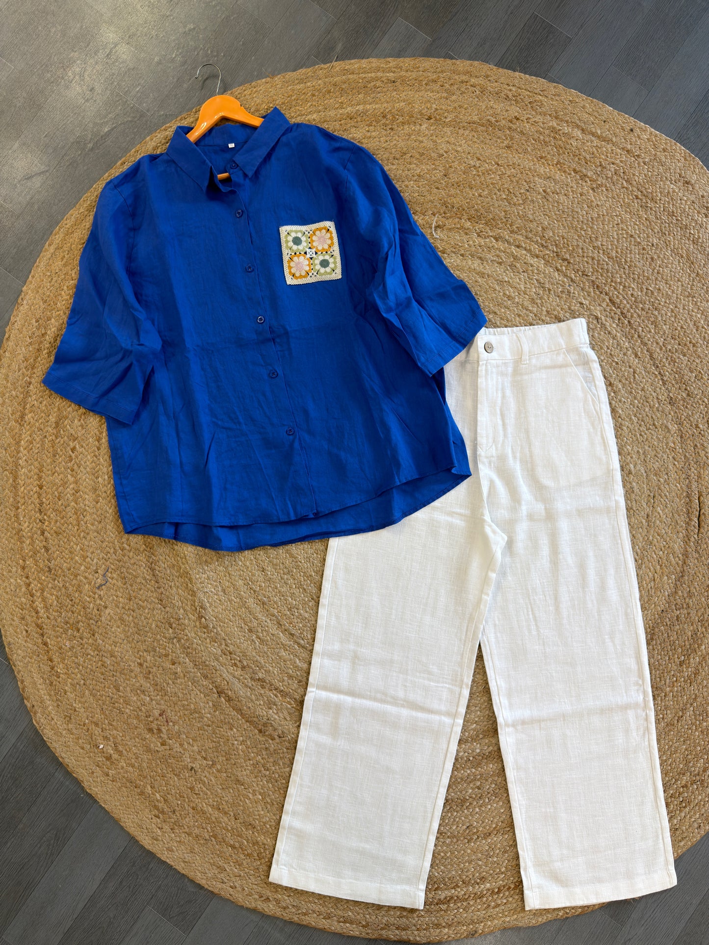ROYAL BLUE CROCHET POCKET LINEN SHIRT WITH LINEN STRAIGHT PANT SET