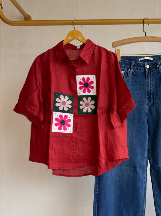 RED CROCHET PATCH EMBROIDERY LINEN SHIRT