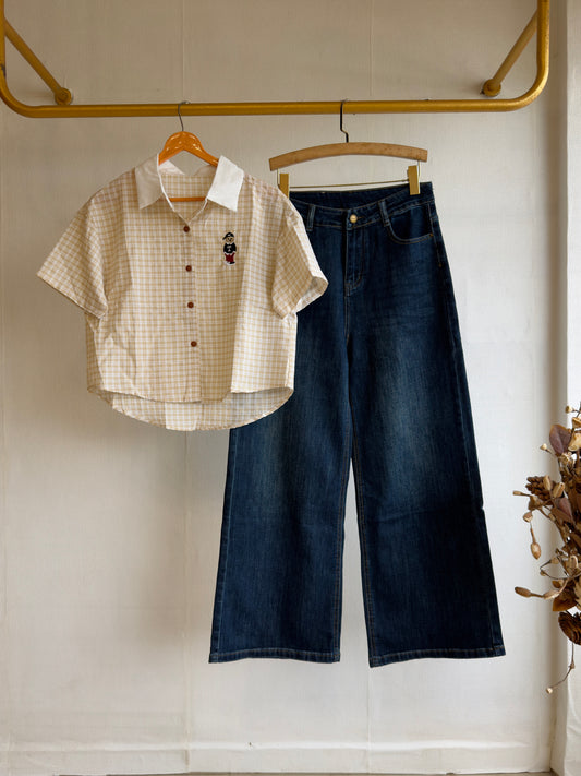 CHEX CROP COTTON SHIRT WITH STRAIGHT DENIM PANT SET
