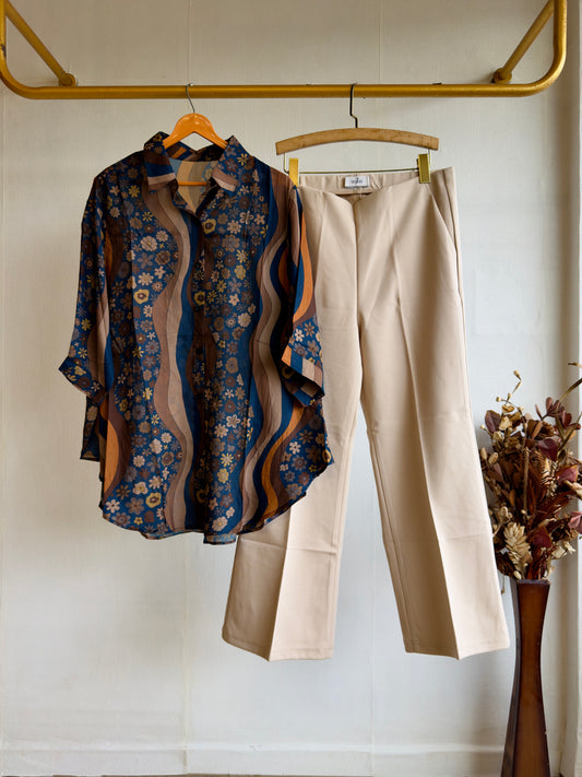 PRINTED  LONG SHIRT  WITH BELL BOTTOM PANT SET