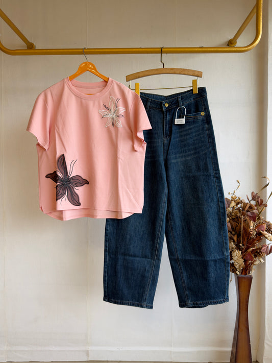 PINK FLOWER PATCH TSHIRT WITH BARREL FIT DENIM PANT SET