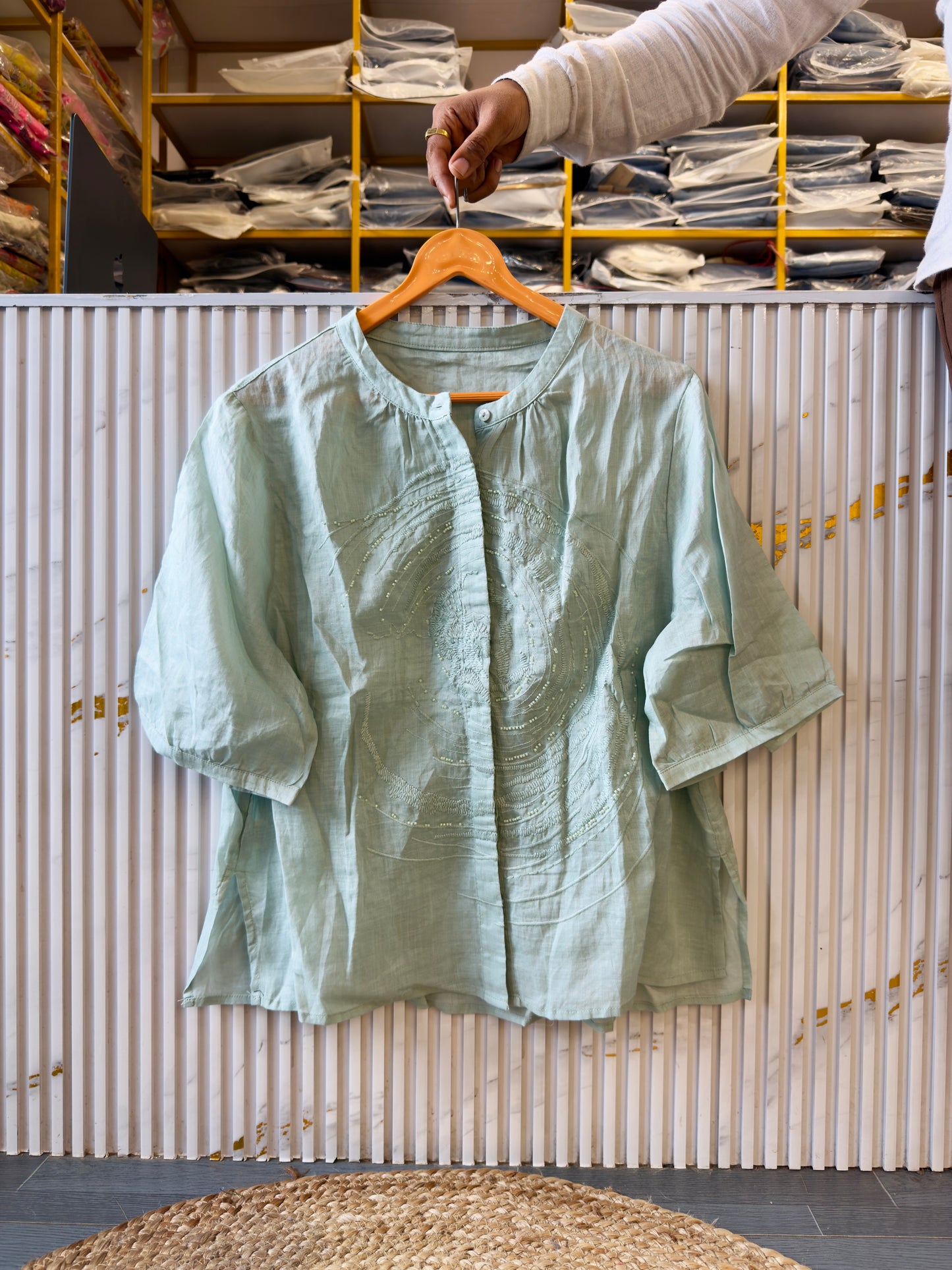 GALAXY EMBROIDERY PURE LINEN TOP