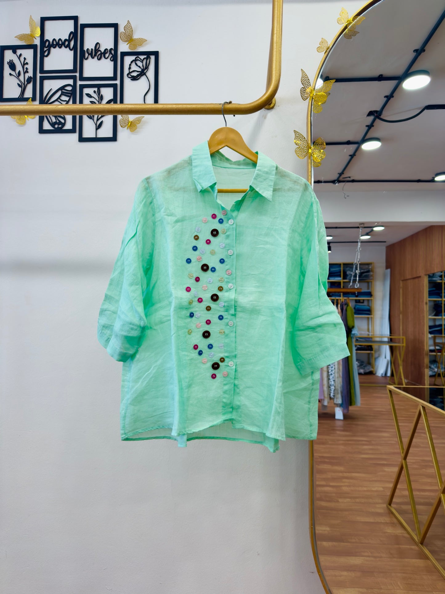 SEA GREEN BUTTON PATTERN LINEN TOP