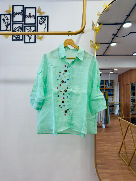 SEA GREEN BUTTON PATTERN LINEN TOP