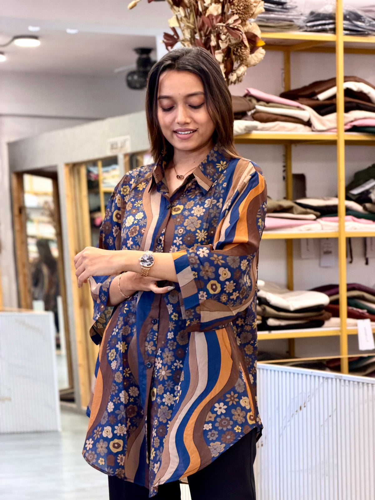 PRINTED  LONG SHIRT  WITH BELL BOTTOM PANT SET