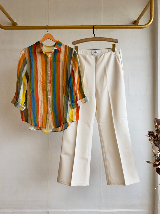 STRIPS LINEN PRINT SHIRT WITH BELL BOTTOM PANT SET