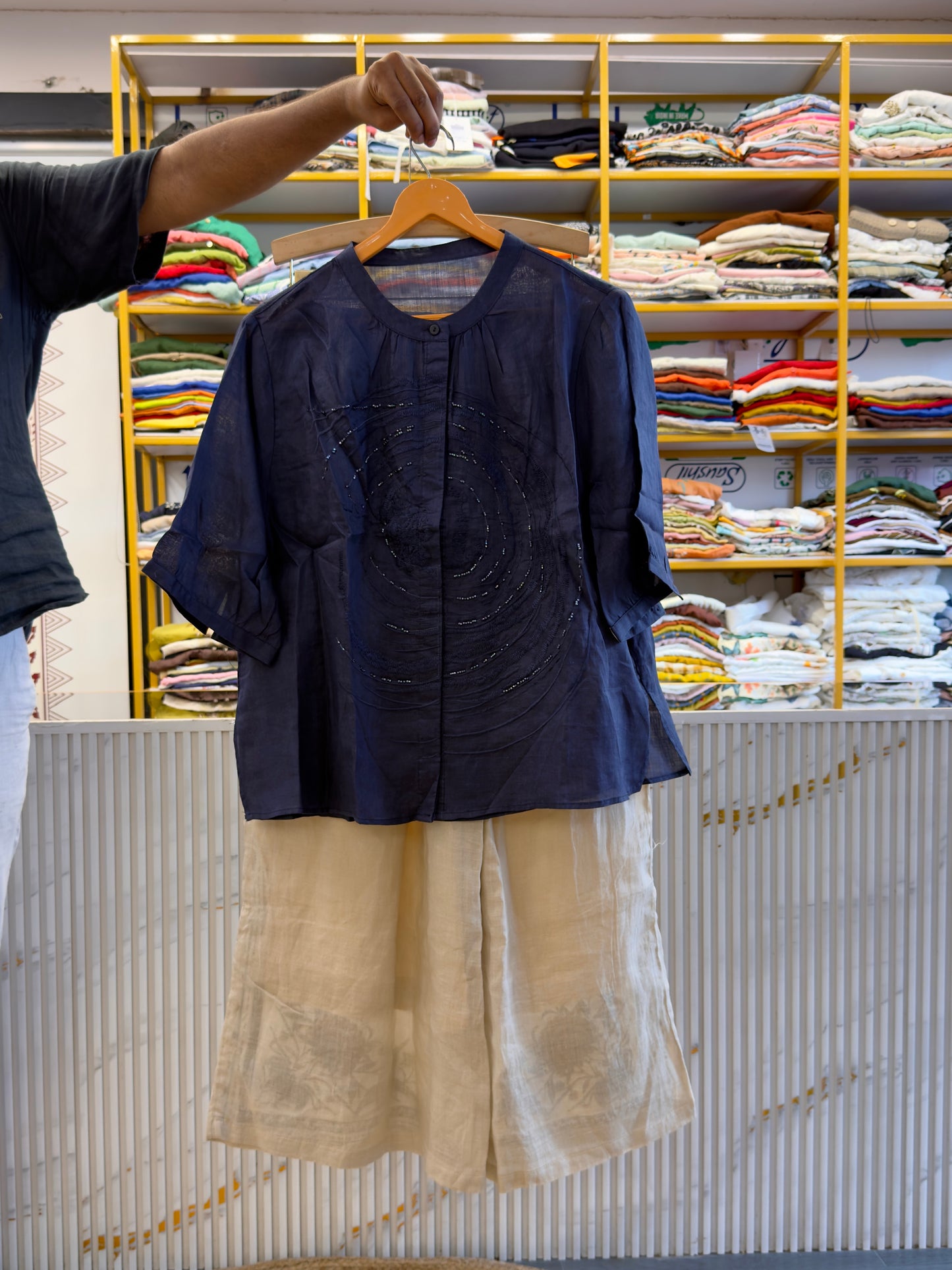NAVY BLUE LINEN EMBROIDERY TOP  WITH BOTTOM EMBROIDERY LINEN PANT SET