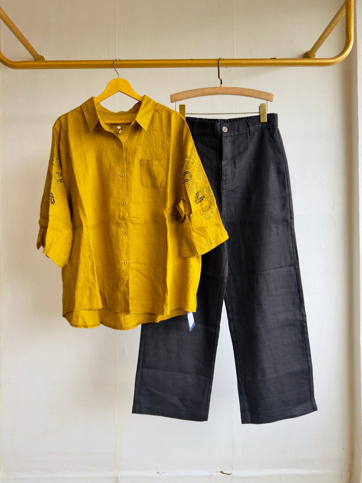 LINEN CUTWORK EMBROIDERY SHIRT WITH LINEN STRAIGHT PANT SET
