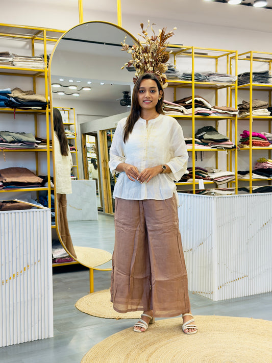 OFF WHITE EMBROIDERY LINEN TOP WITH LINEN PANT SET