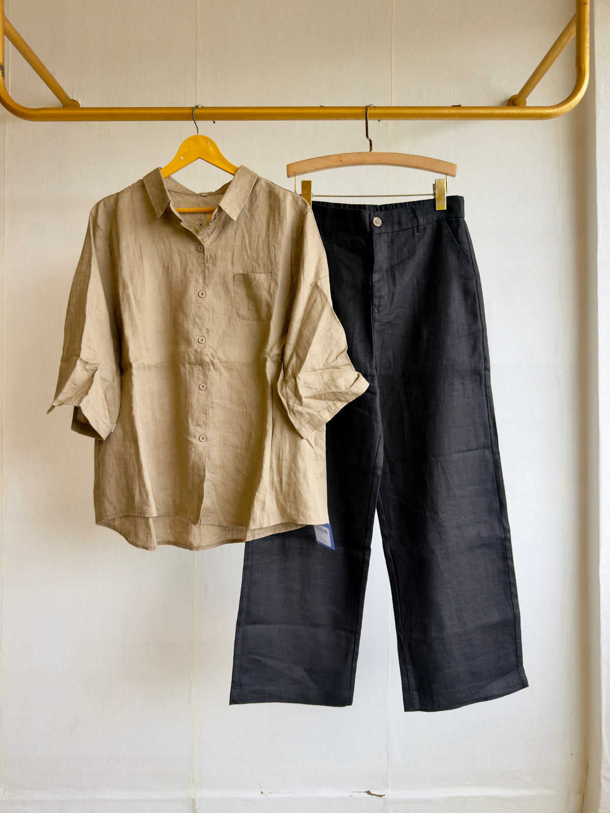 LINEN BACK EMBROIDERY SHIRT WITH LINEN STRAIGHT PANT SET