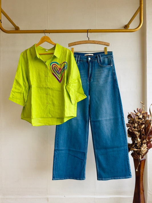 LINEN HEART PATTERN SHIRT WITH IMPORTED SOFT DENIM PANT SET