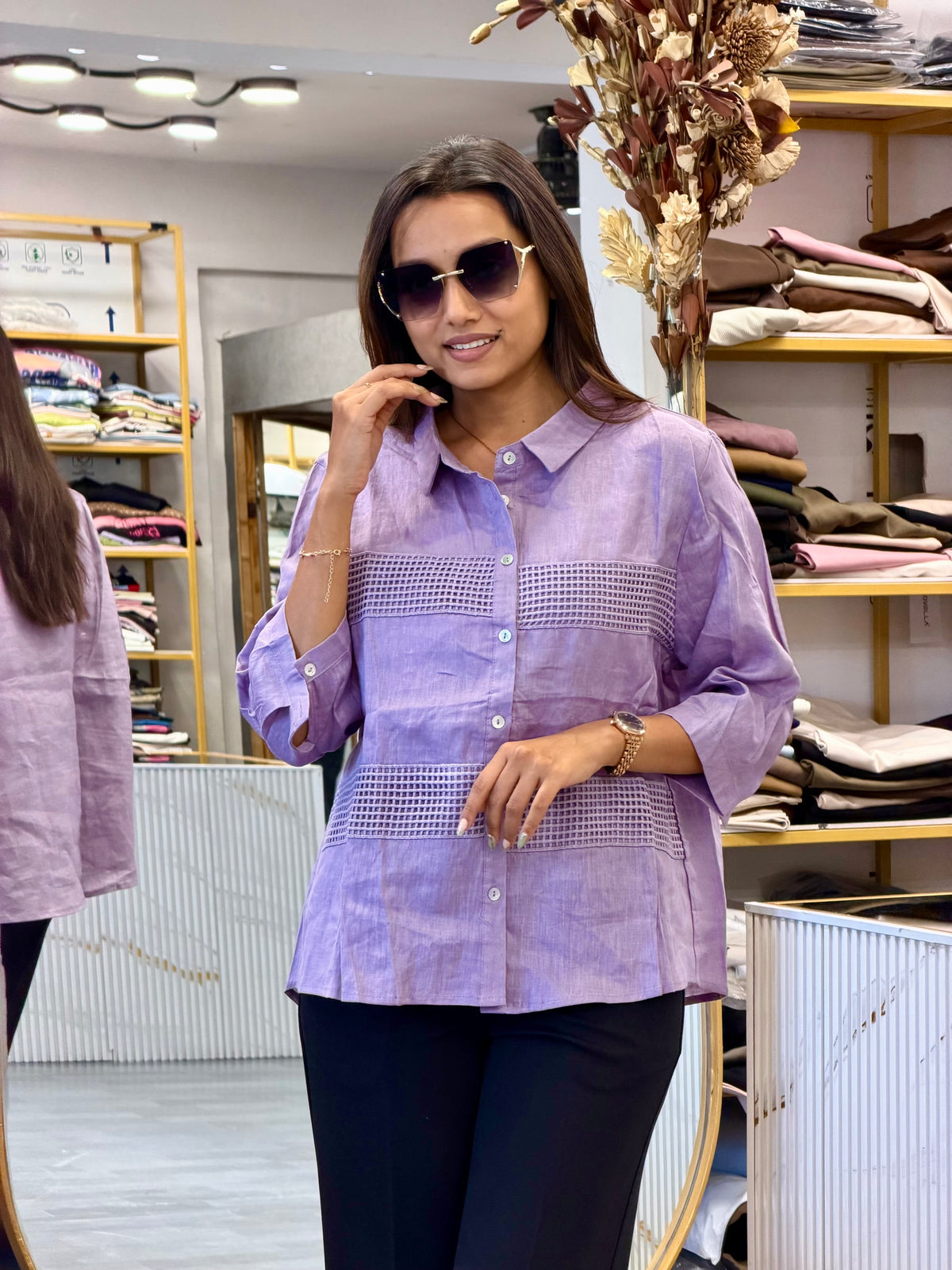 PURPLE LACE LINEN SHIRT  WITH BELL BOTTOM PANT SET