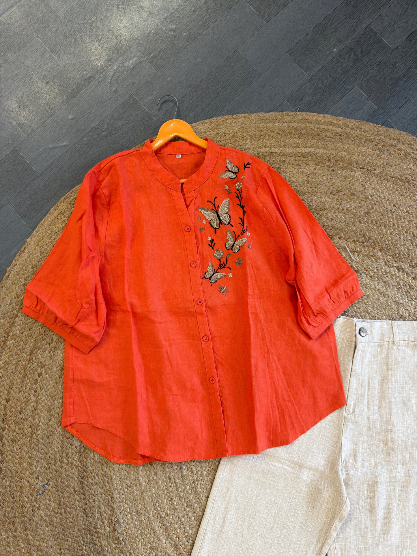 NEON ORANGE BUTTERFLY EMBROIDERY LINEN TOP WITH LINEN STRAIGHT PANT SET