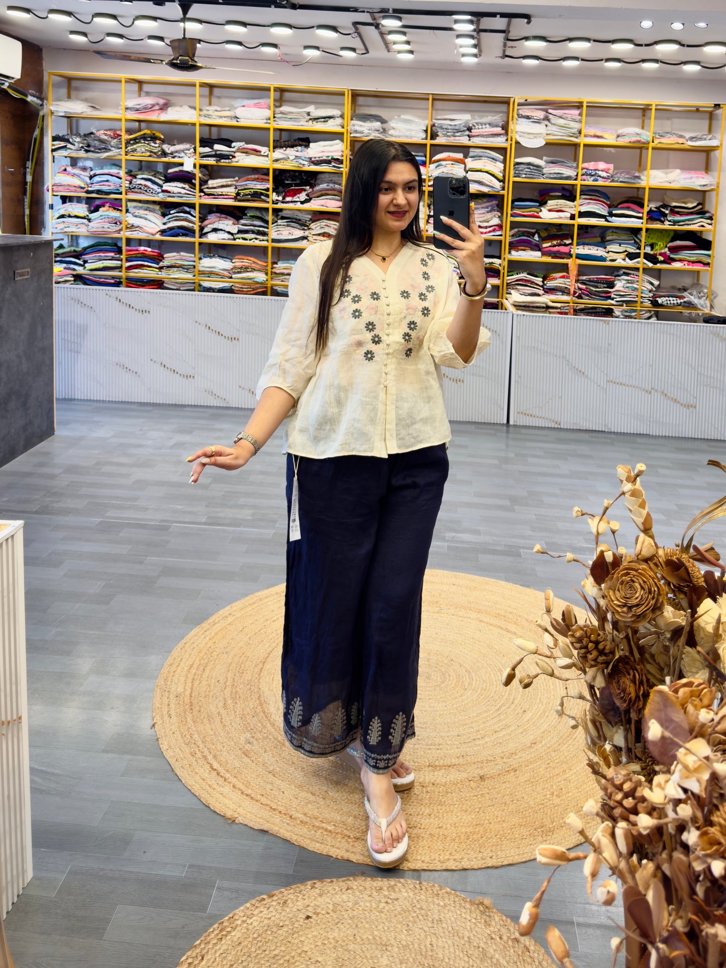 OFF WHITE LINEN FLOWER EMBROIDERY TOP WITH NAVY BLUE BOTTOM EMBROIDERY LINEN PLAZZO PANT