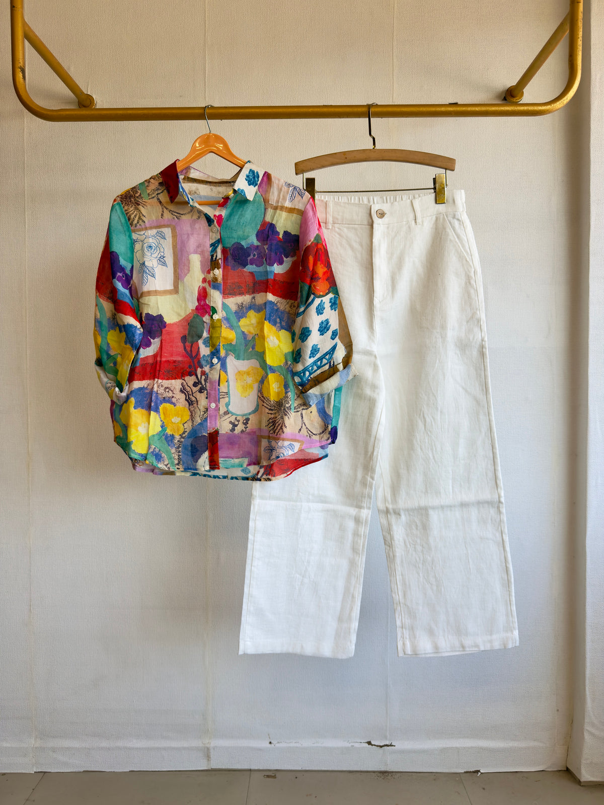 LINEN PRINT  SHIRT WITH LINEN STRAIGHT PANT SET