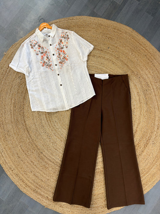 WHITE EMBROIDERY TOP WITH BELL BOTTOM PANT SET