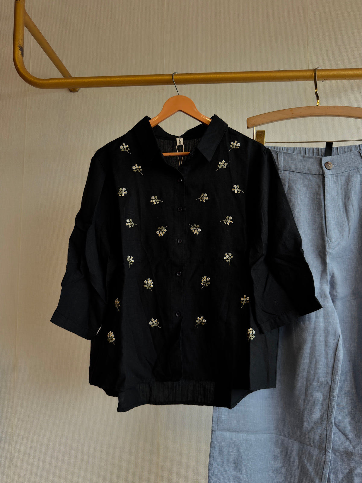 LINEN BLACK EMBROIDERY SHIRT WITH LINEN STRAIGHT PANT SET