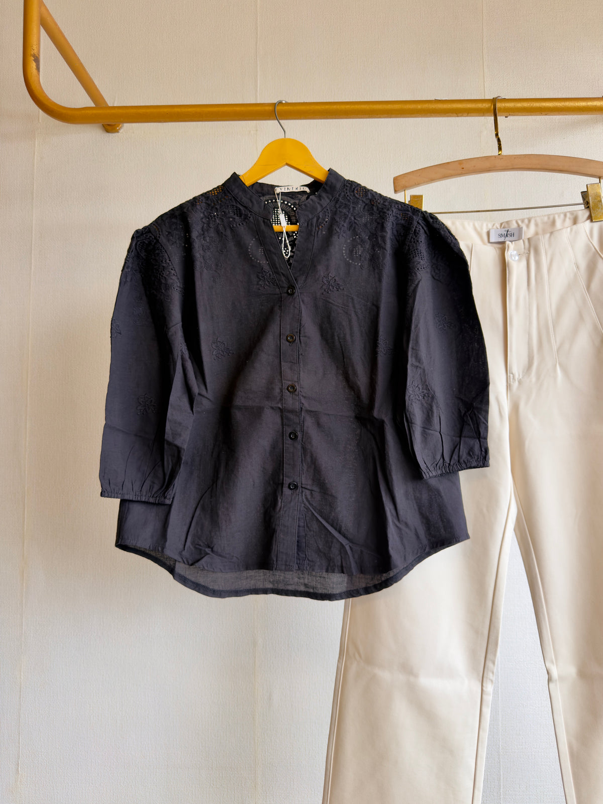 BLACK COTTON EMBROIDERY TOP WITH STRAIGHT TROUSER PANT SET
