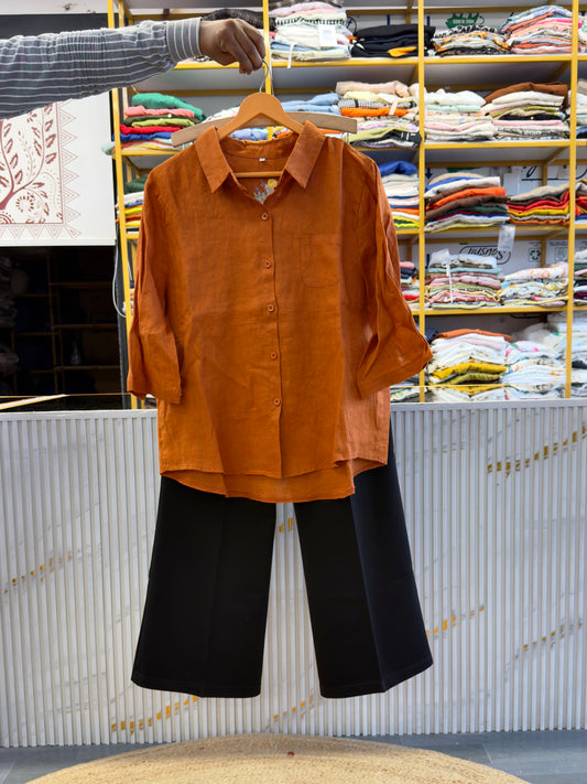 RUST ORANGE BACK EMBROIDERY LINEN SHIRT WITH BELL BOTTOM PANT SET