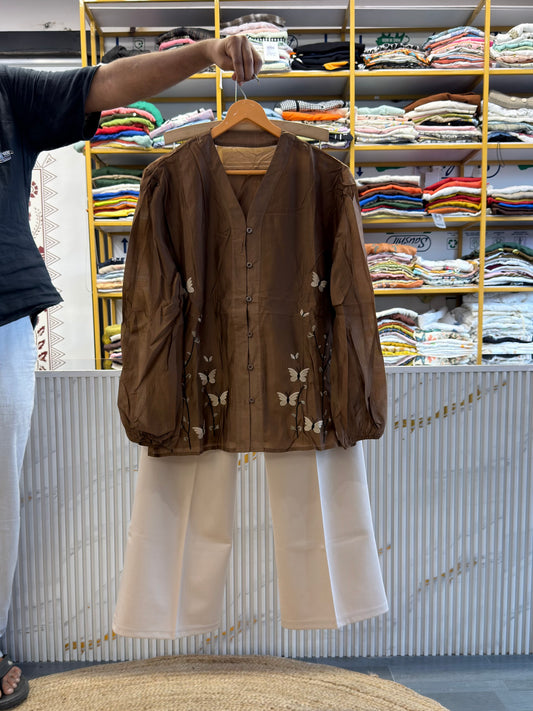 BUTTERFLY EMBROIDERY BROWN TOP WITH BELL BOTTOM PANT SET