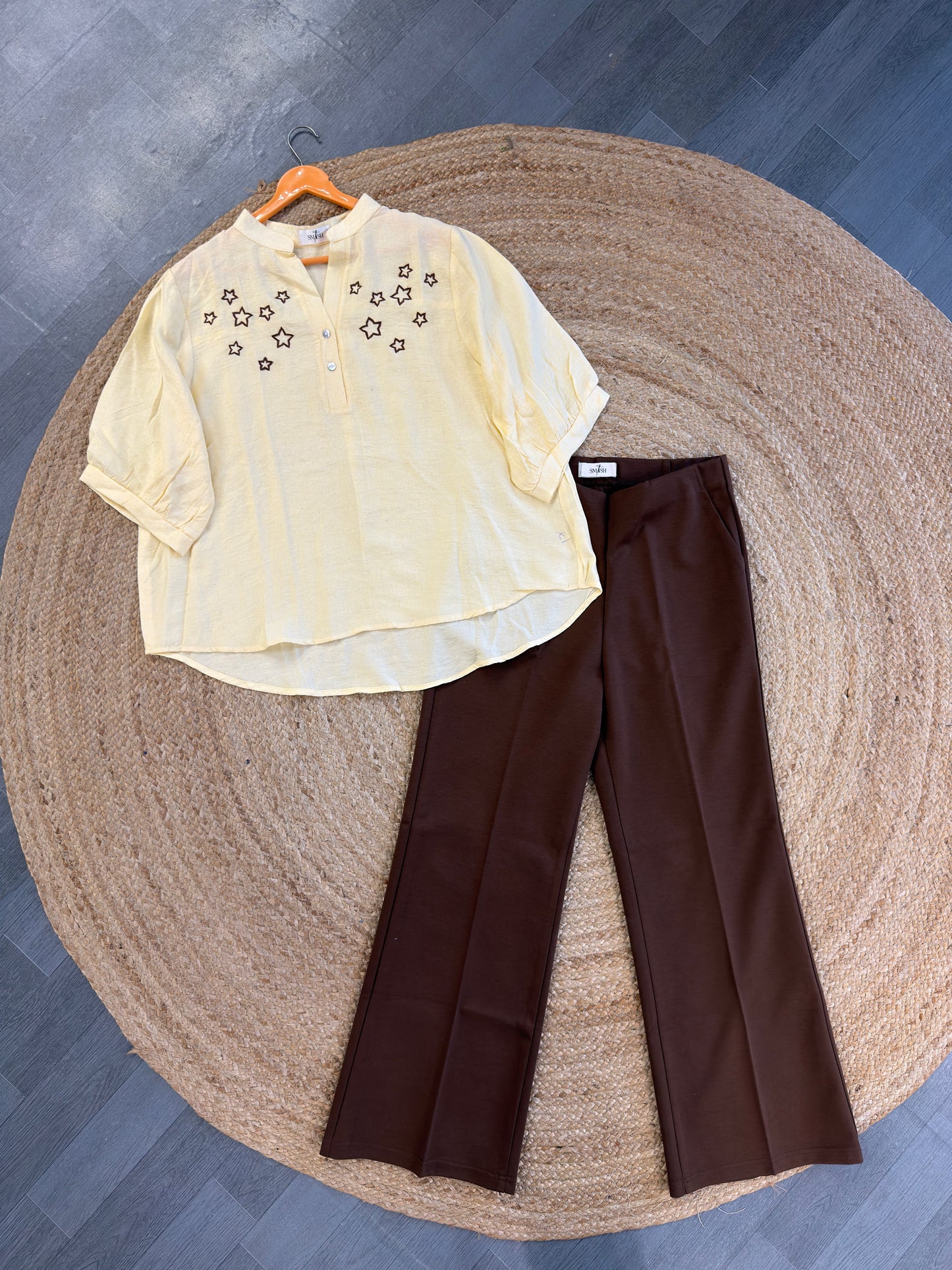 STAR EMBROIDERY TOP WITH BELL BOTTOM PANT SET