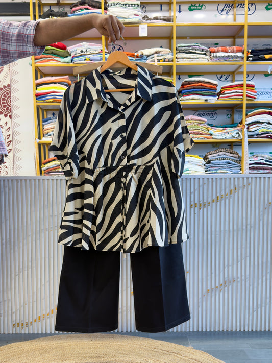 PRINT BLACK WHITE CHIFFON SHIRT WITH BELL BOTTOM PANT SET