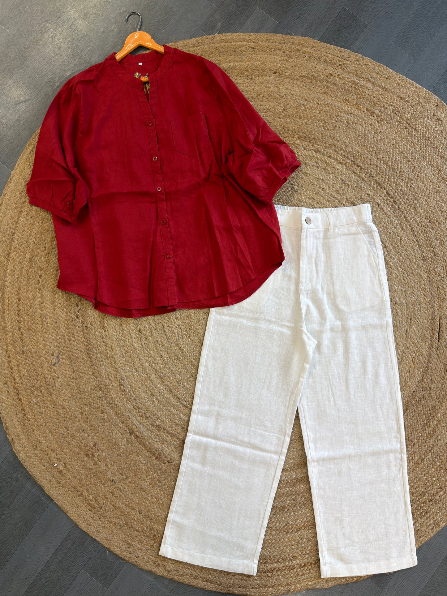 RED BACK EMBROIDERY LINEN TOP WITH LINEN STRAIGHT PANT SET