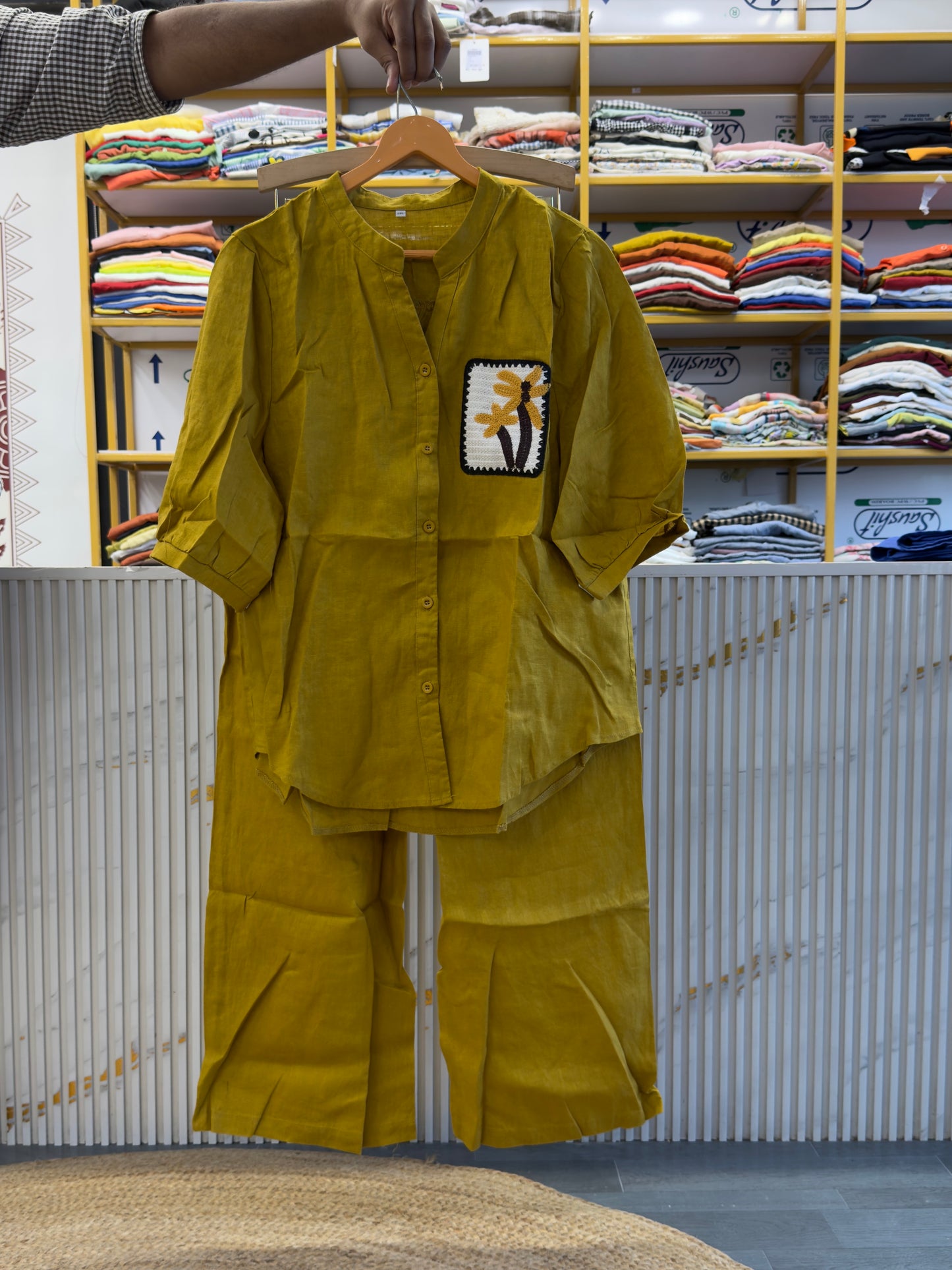 MASTARD YELLOW CROCHET POCKET  LINEN TOP WITH LINEN COMFORTABLE PANT SET