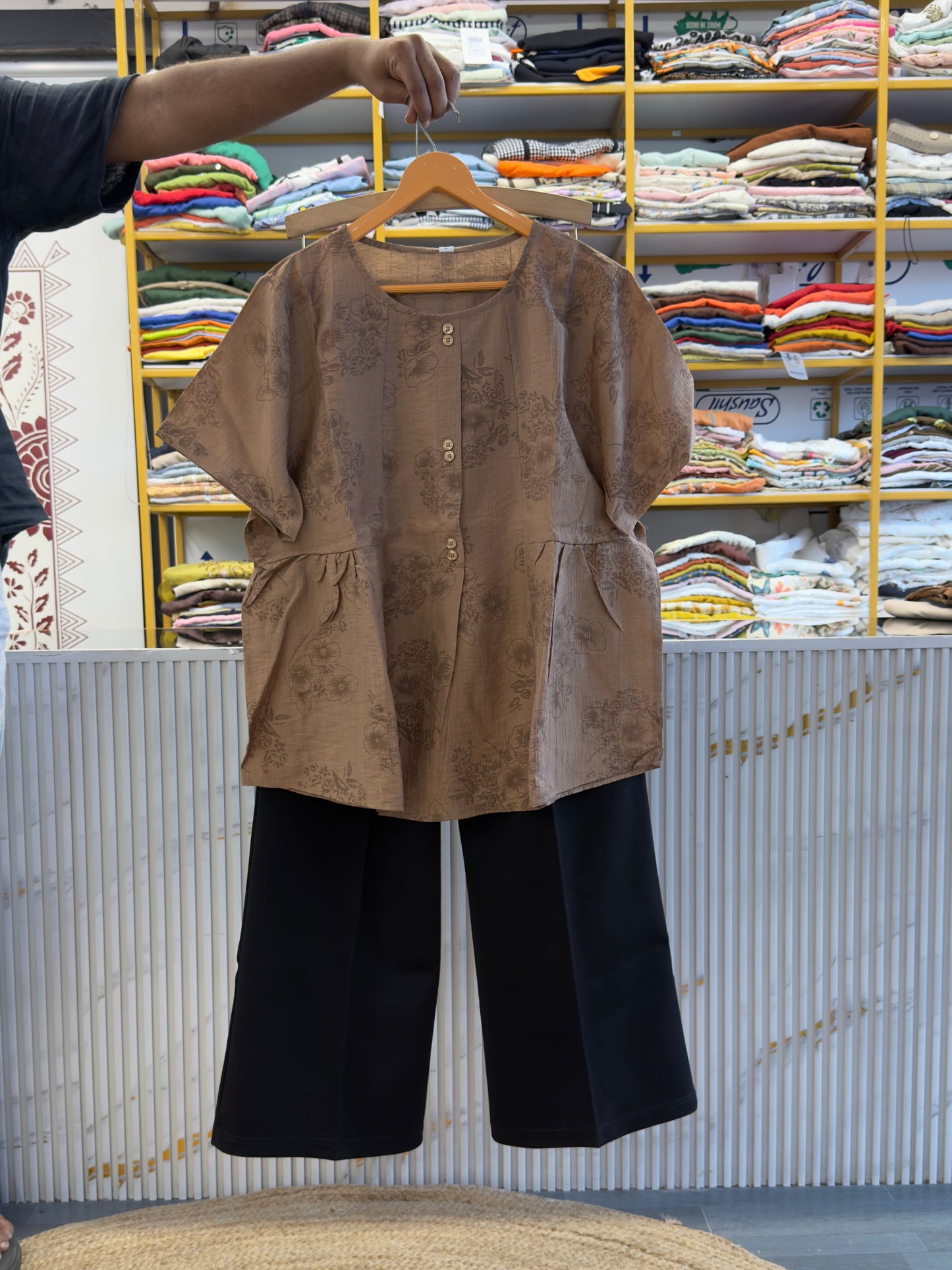 LIGHT BROWN PRINT TOP WITH BELL BOTTOM PANT SET