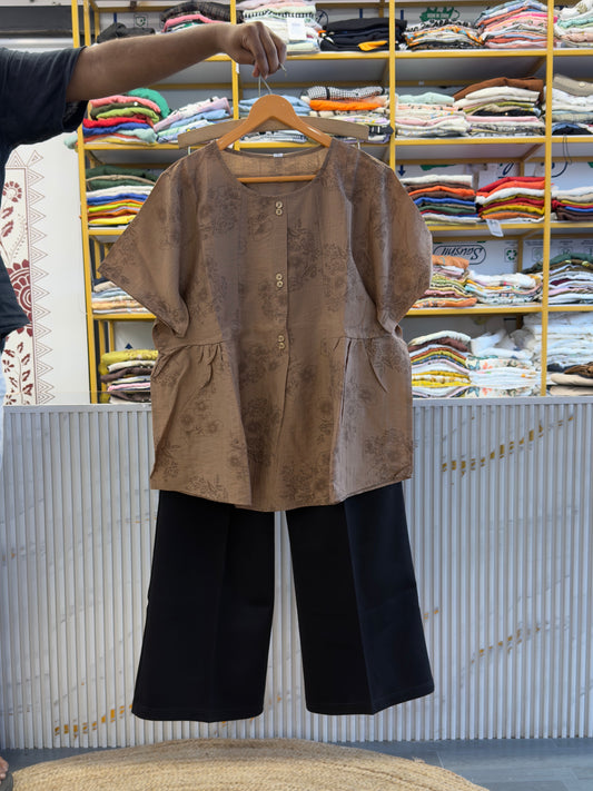 LIGHT BROWN PRINT TOP WITH BELL BOTTOM PANT SET