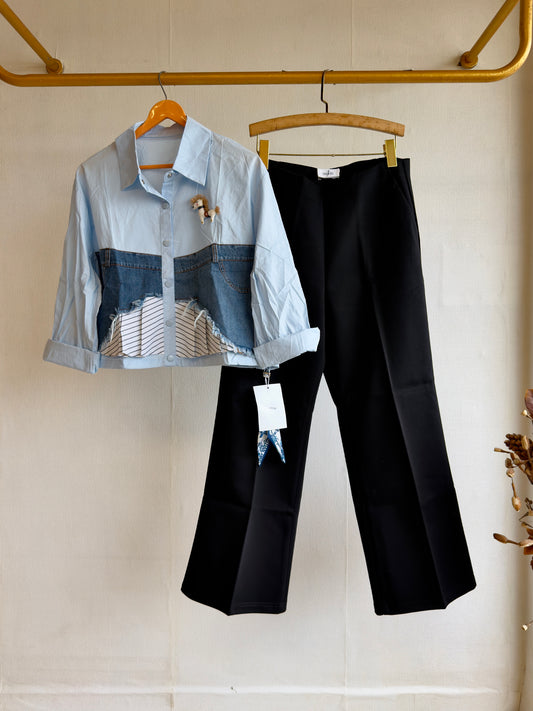 HORSE SEMI DENIM COTTON SHIRT WITH BELL BOTTOM PANT SET
