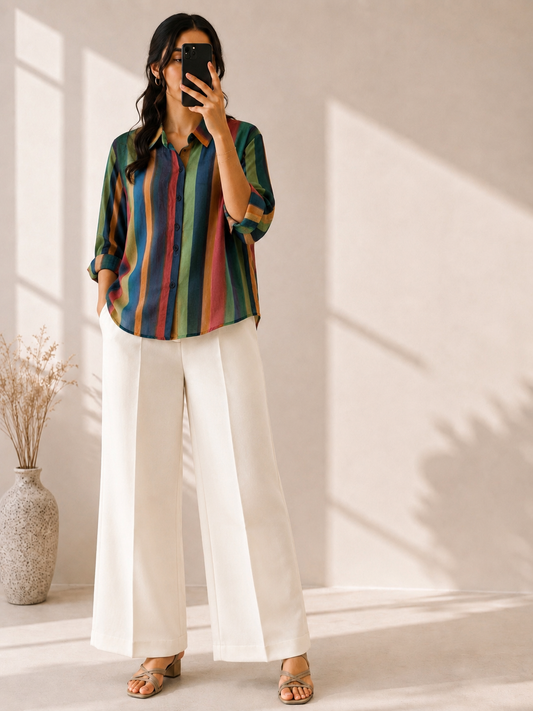 STRIPS LINEN PRINT SHIRT WITH BELL BOTTOM PANT SET