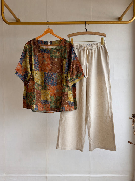 COTTON PRINTED TOP  WITH LINEN PANT SET