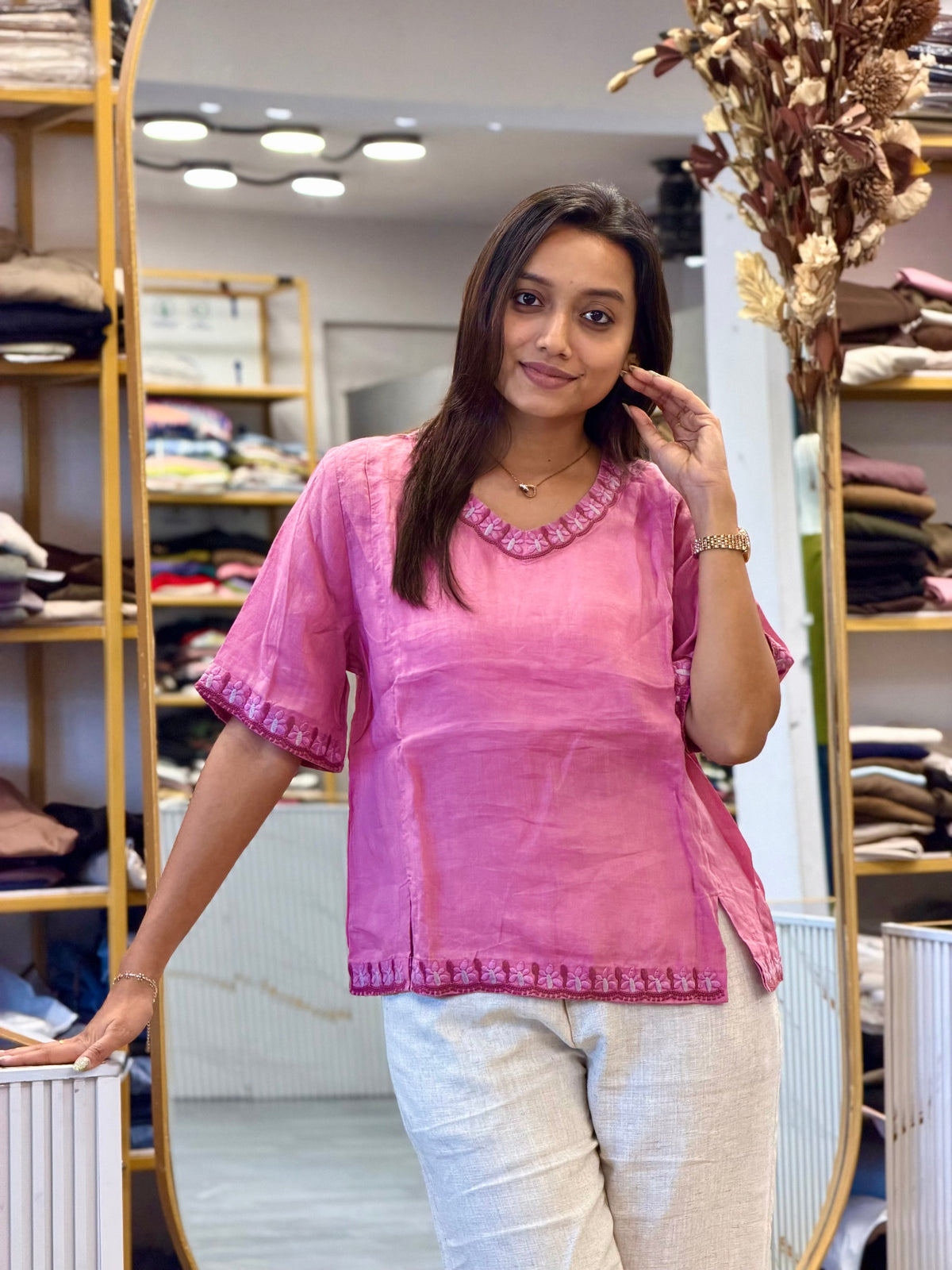 PINK LINEN EMBROIDERY TOP WITH LINEN STRAIGHT PANT SET