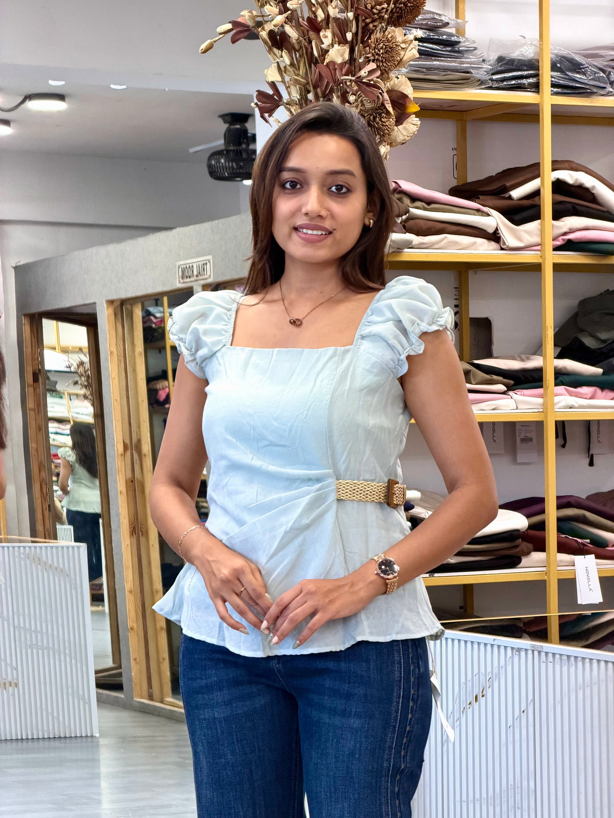 SEA GREEN TRENDY SIDE BELT PREMIUM CROP TOP WITH IMPORTED SOFT DENIM PANT SET