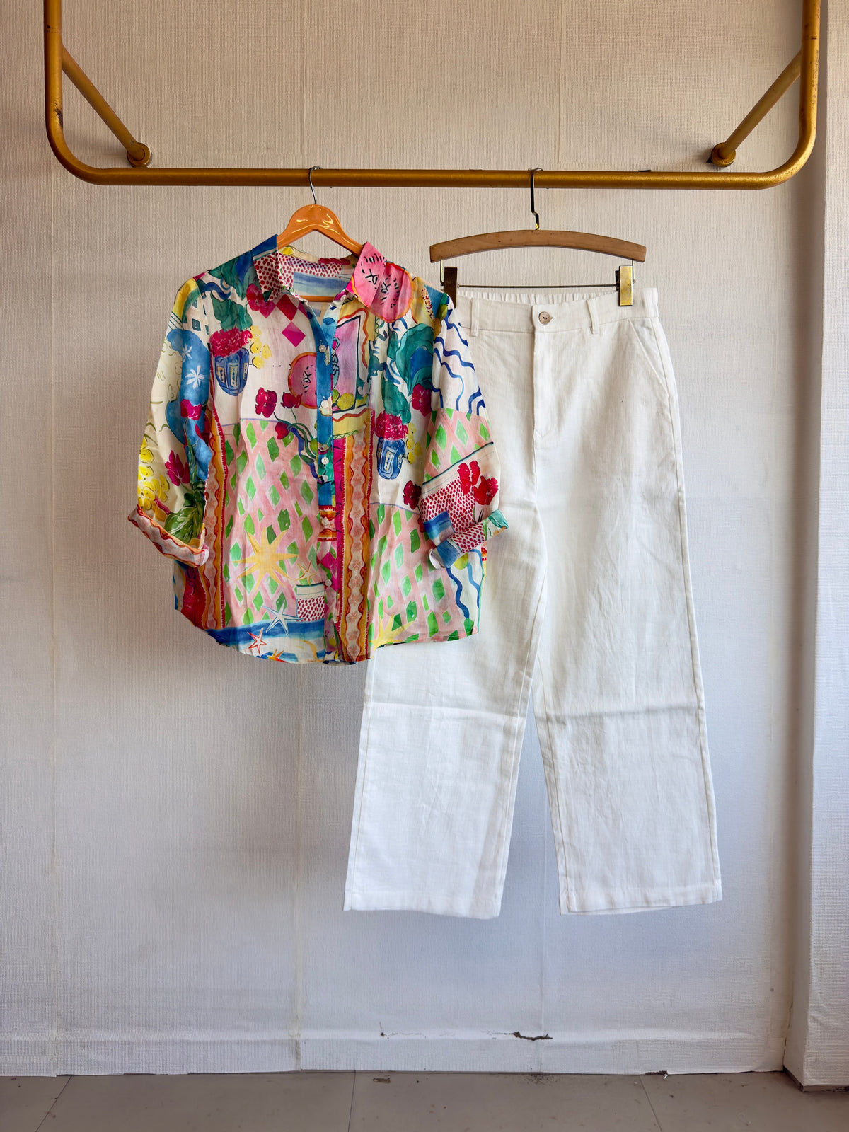 LINEN PRINT  SHIRT WITH LINEN STRAIGHT PANT SET