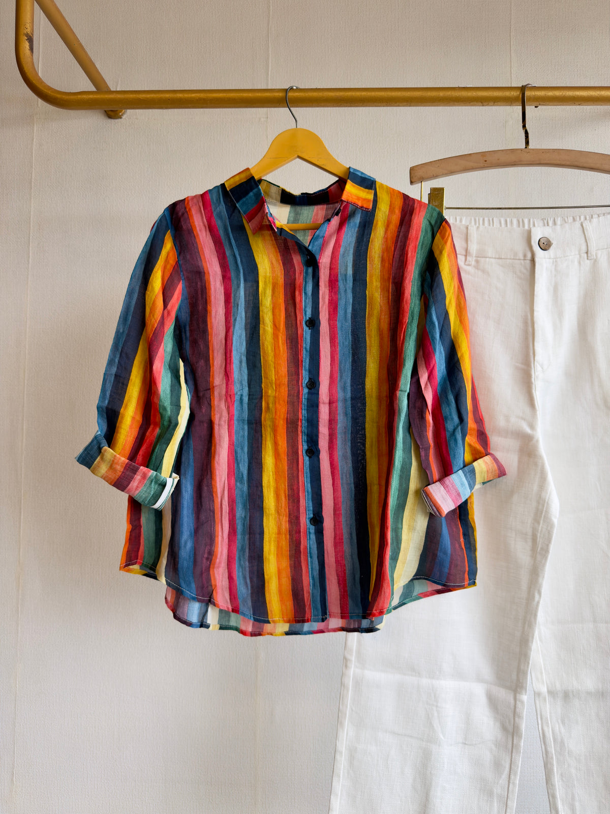 STRIPS LINEN PRINT SHIRT WITH LINEN STRAIGHT PANT SET