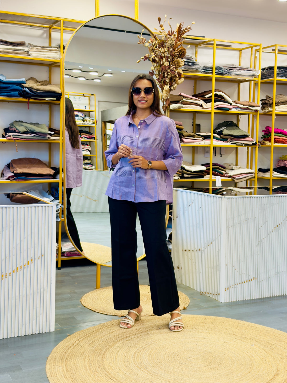 PURPLE LACE LINEN SHIRT  WITH BELL BOTTOM PANT SET