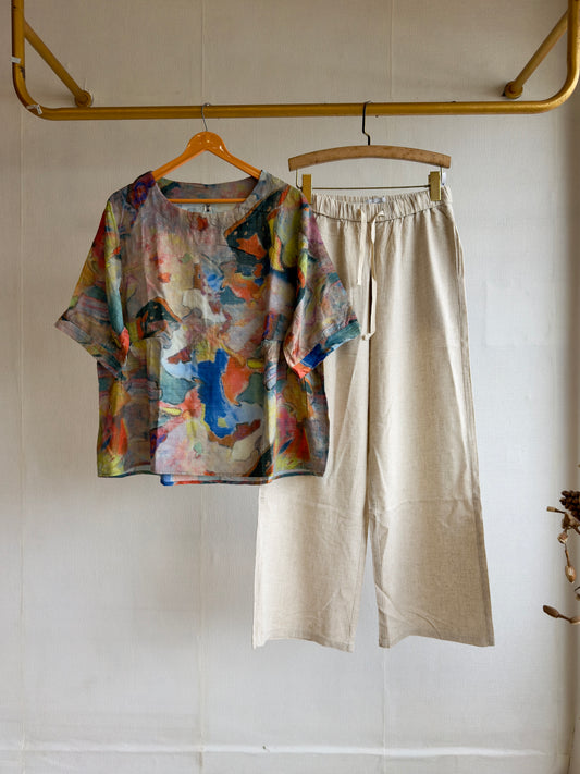 COTTON PRINTED TOP  WITH LINEN PANT SET
