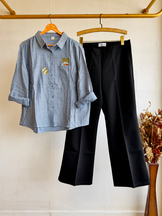 STRIP EMBROIDERY MUL COTTON SHIRT TOP WITH BELL BOTTOM PANT SET
