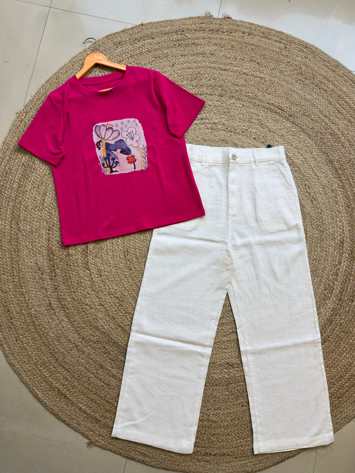 TRENDING COLOUR COTTON PRINT TSHIRT WITH LINEN STRAIGHT PANT SET
